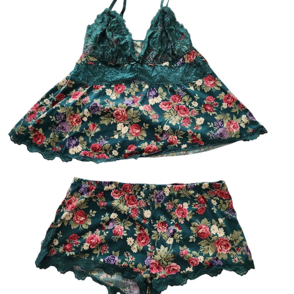 Amazon Floral Lace Chemise Set - Teal and Multicolor